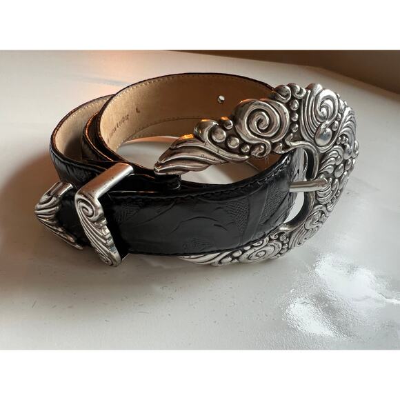 Vintage Black Leather Belt, Silver Etched, 90s 80s, Retro Boho, Western Belts